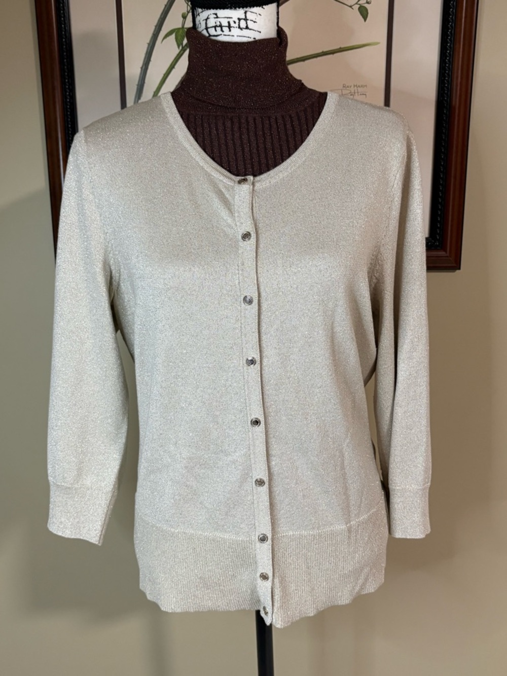 4/$25 White House Black Market Gold Sparkle Cardigan Size Large L Bling